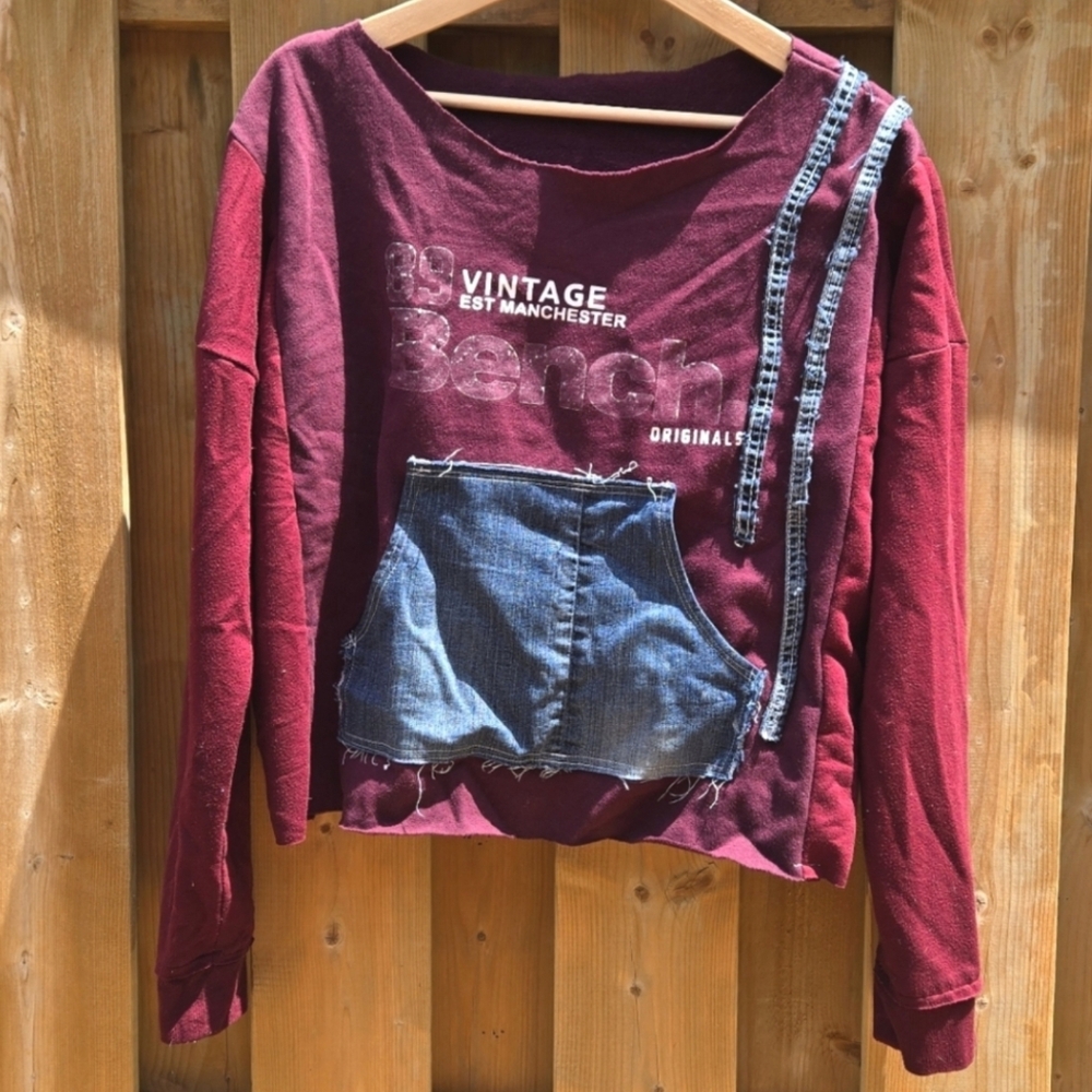 UPCYCLED Burgundy Oversized Sweatshirt Boatneck Distressed w Denim Pocket, Small